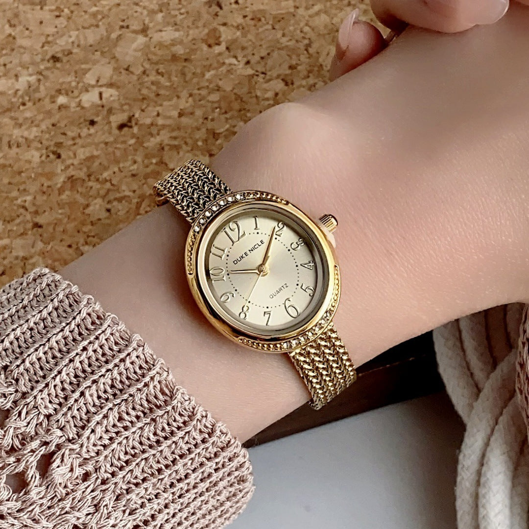 SUNLIFEX vintage mesh bracelet watch in gold tone with champagne dial