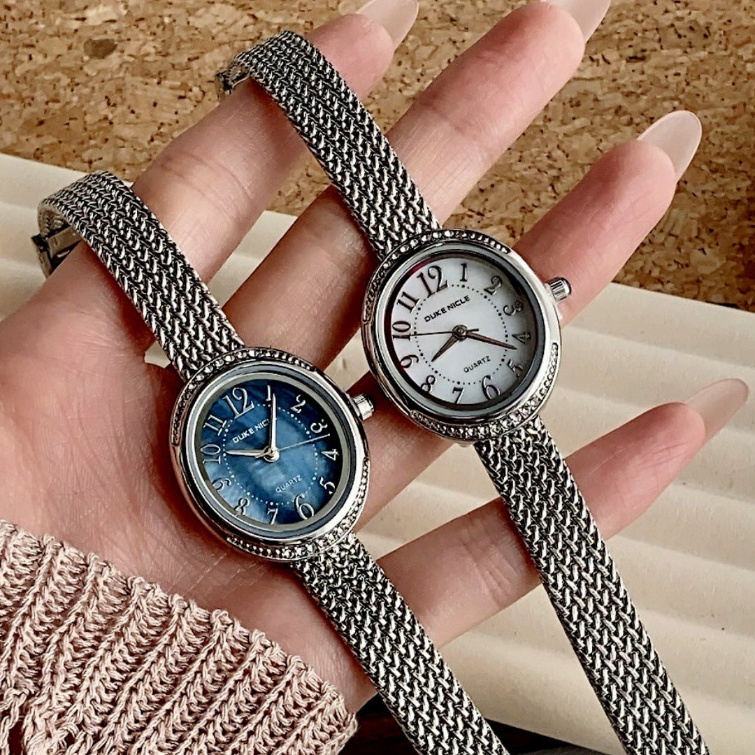 SUNLIFEX vintage mesh bracelet watches in silver tone with blue and white dials