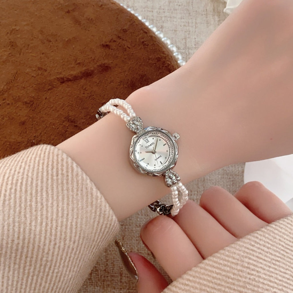 Timett double-pearl bracelet watch in silver tone