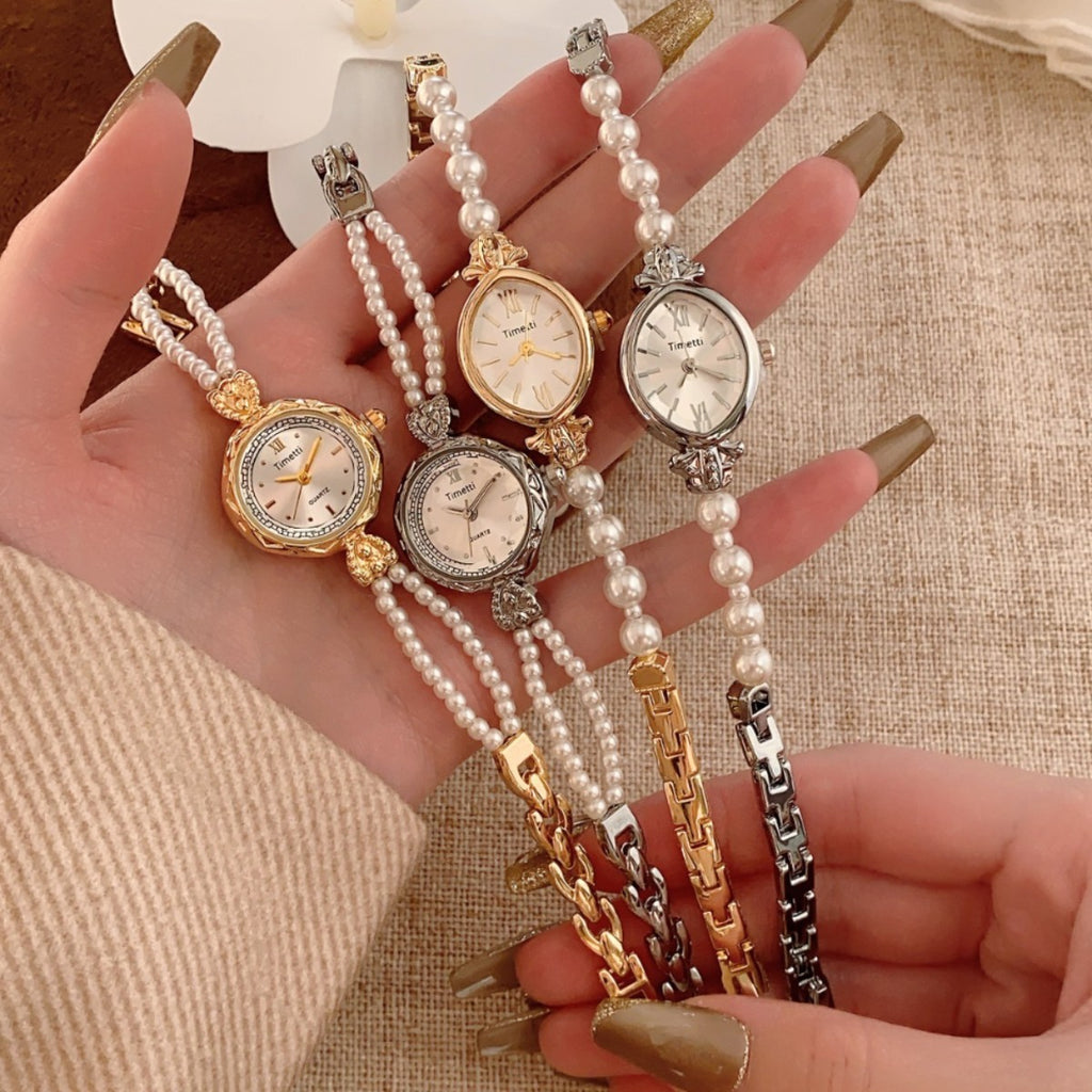 Timett pearl bracelet watch collection in gold and silver tones
