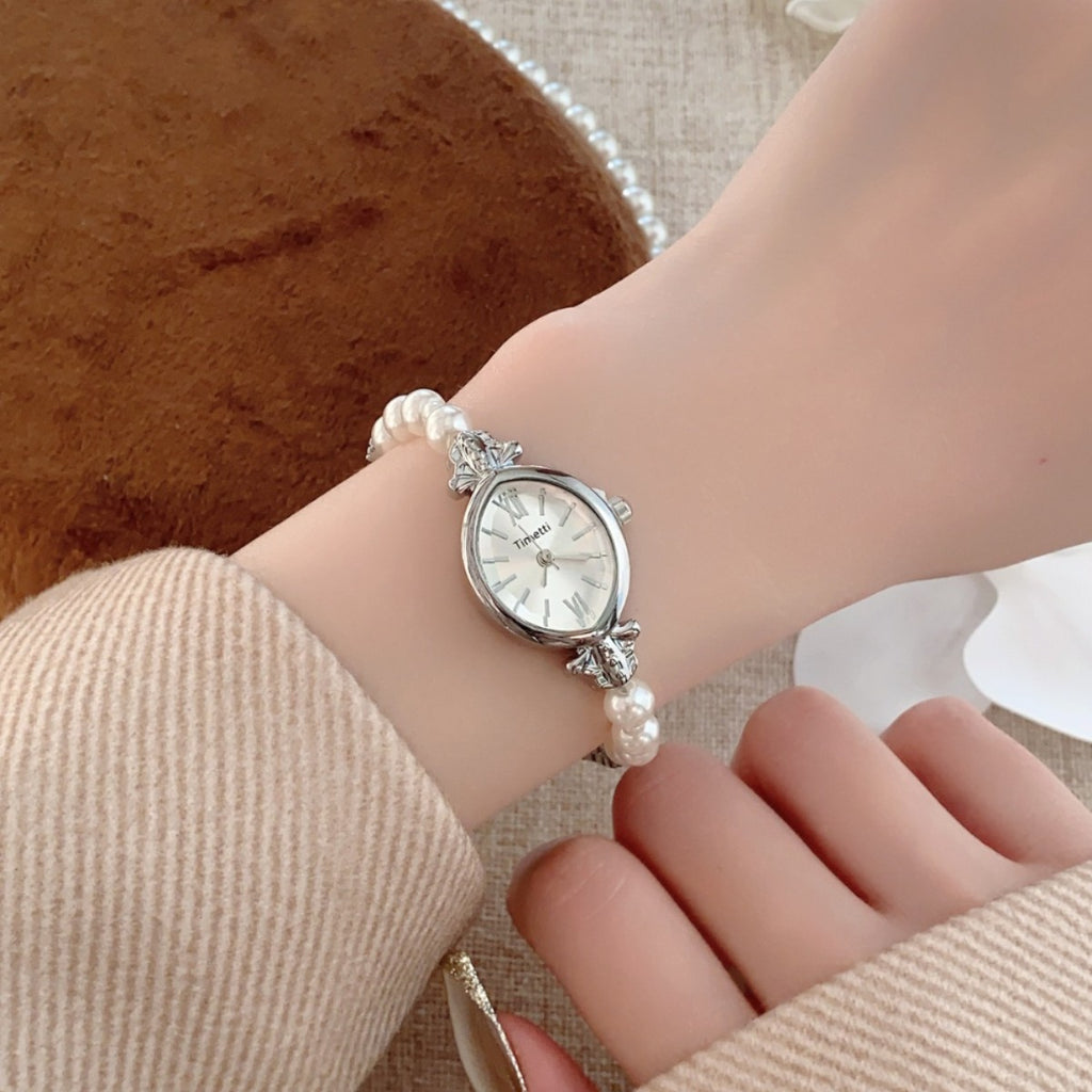 Timett single-pearl bracelet watch in silver tone