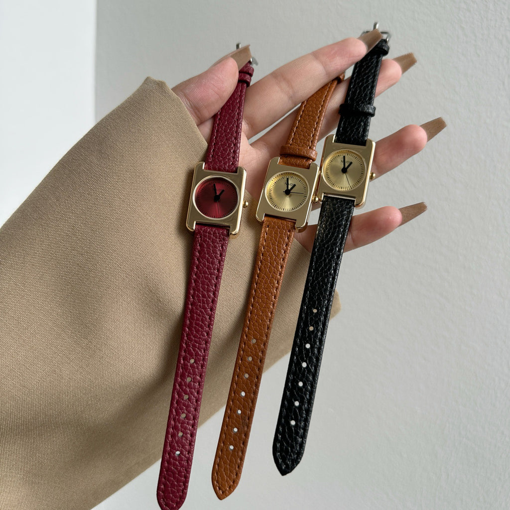 Vintage academy square women's watches in gold case with burgundy, cognac and black leather straps