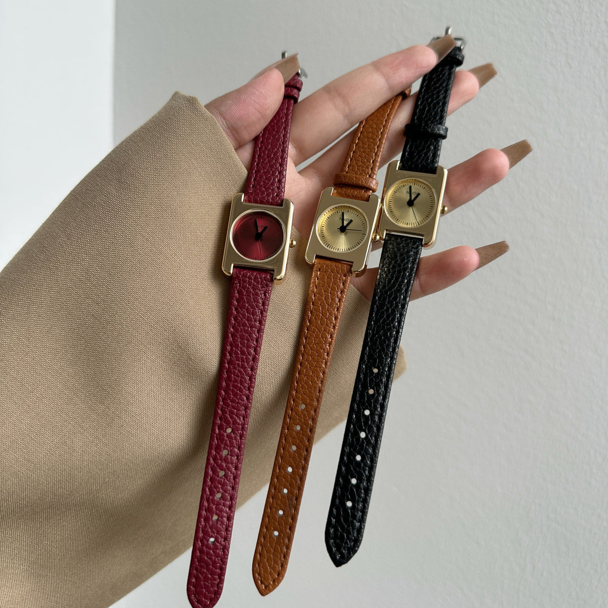 Vintage academy square women's watches in gold case with burgundy, cognac and black leather straps