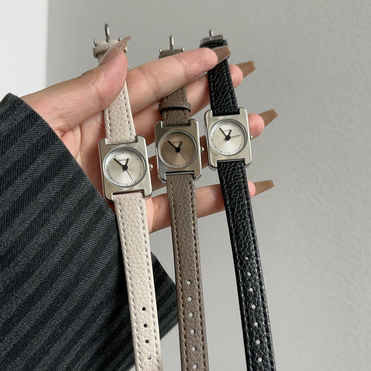 Vintage academy square women's watches in silver case with ivory, taupe and black leather straps