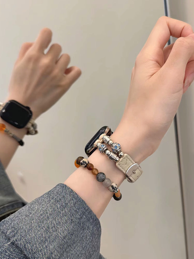 Vintage beaded leather Apple Watch bracelet band in ivory