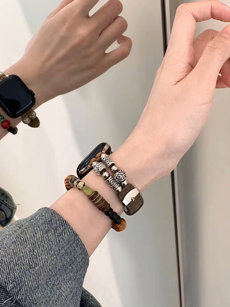 Brown leather and bead Apple Watch bracelet band