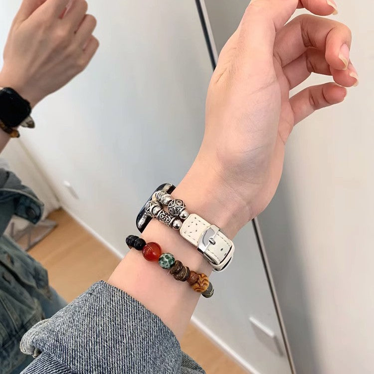 Ivory leather and bead Apple Watch bracelet band