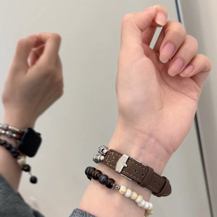 Dark brown beaded leather Apple Watch bracelet band
