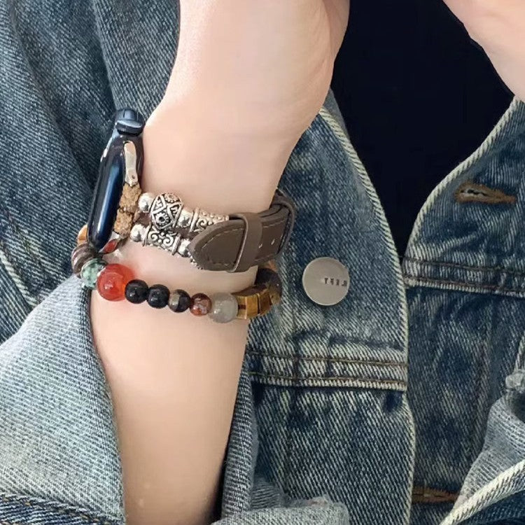 Chestnut leather and bead Apple Watch bracelet band