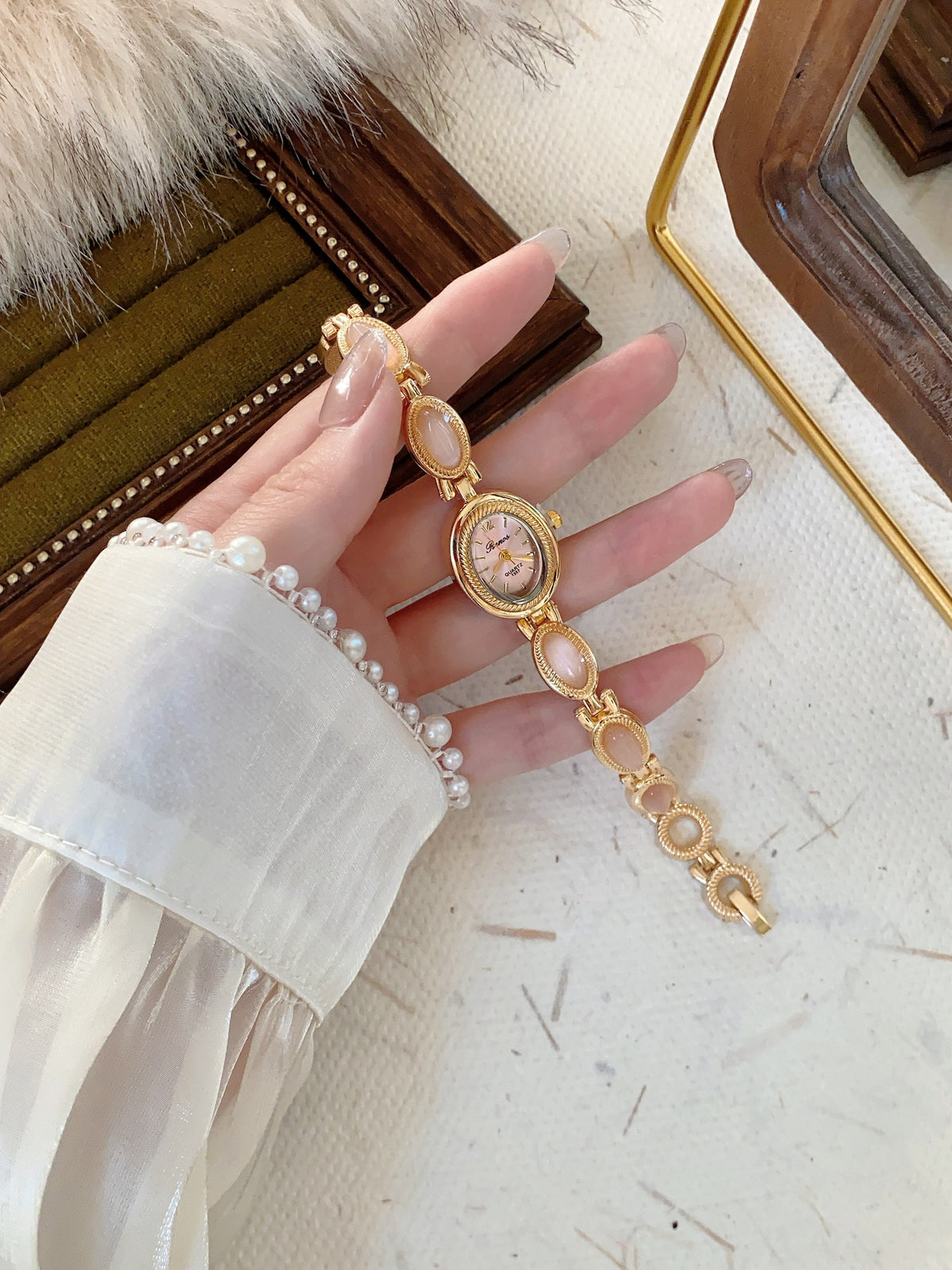 Women's vintage jewelry bracelet quartz watch with blush pink cabochon links and pink dial