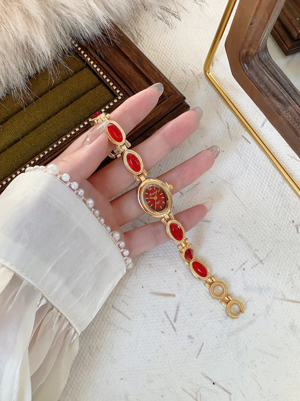 Women's vintage jewelry bracelet quartz watch with red cabochon links and red dial