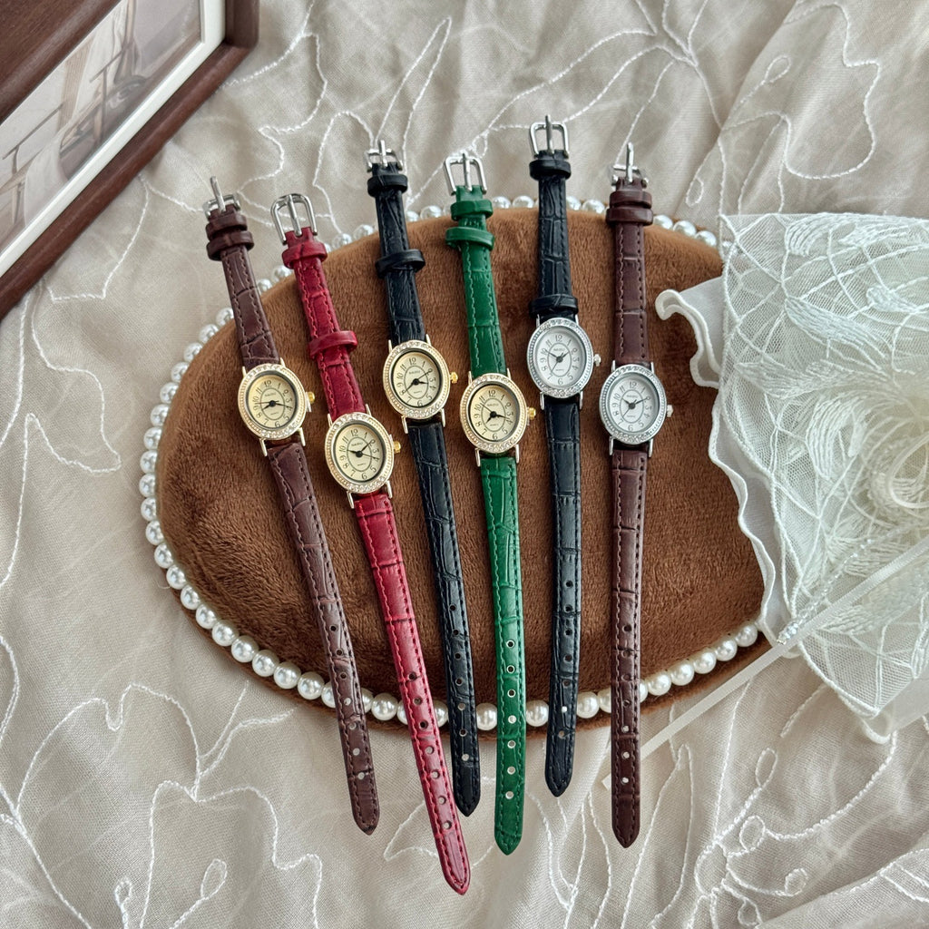 Six variants of petite vintage oval women's crystal-style watches