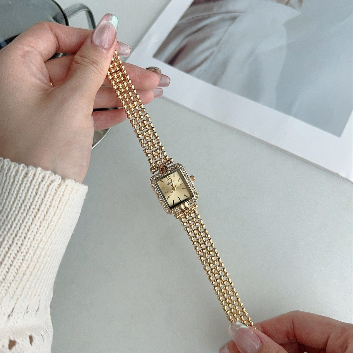 Vintage gold-tone square crystal-style jewelry bracelet quartz watch with champagne dial