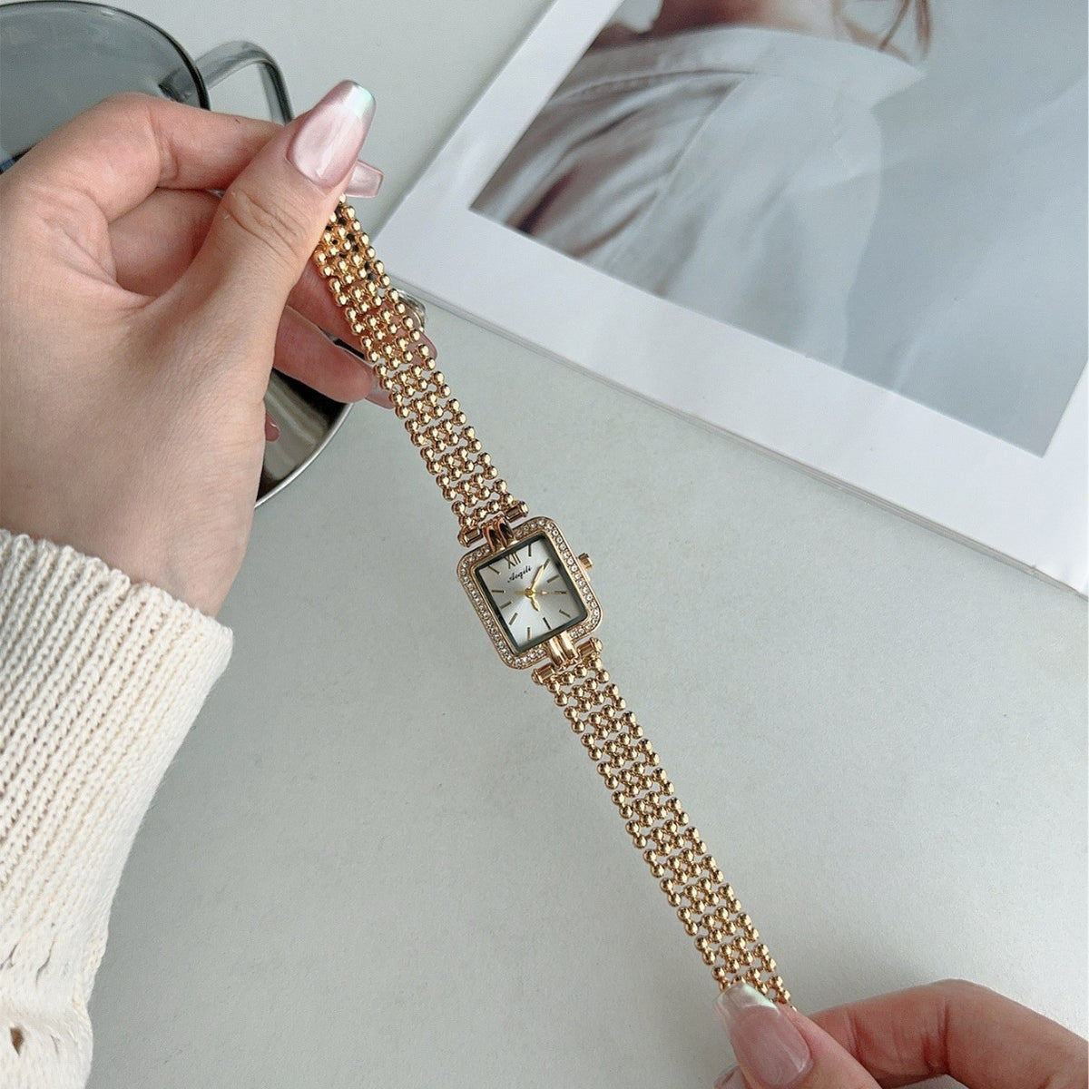 Vintage gold-tone square crystal-style jewelry bracelet quartz watch with white dial