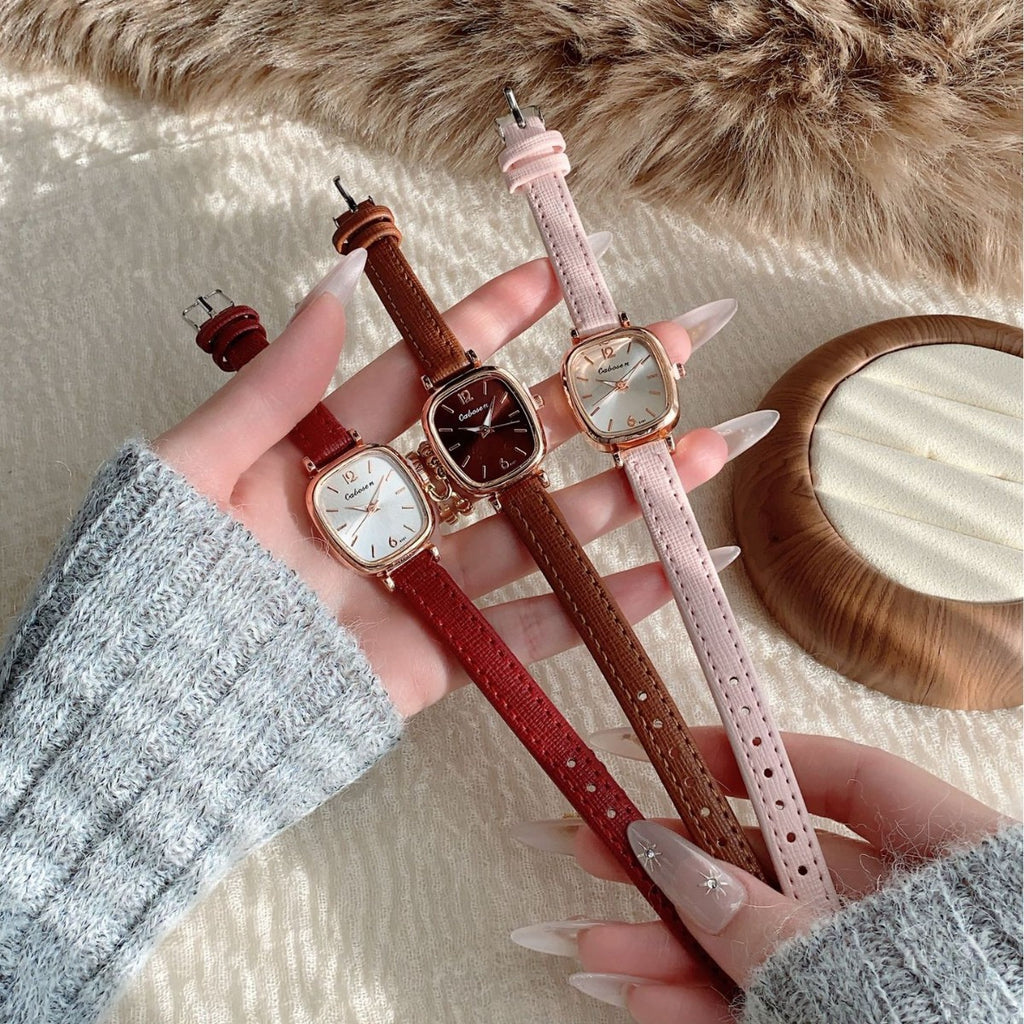 Vintage cushion case women's leather strap watch in blush pink, cognac and burgundy colorways