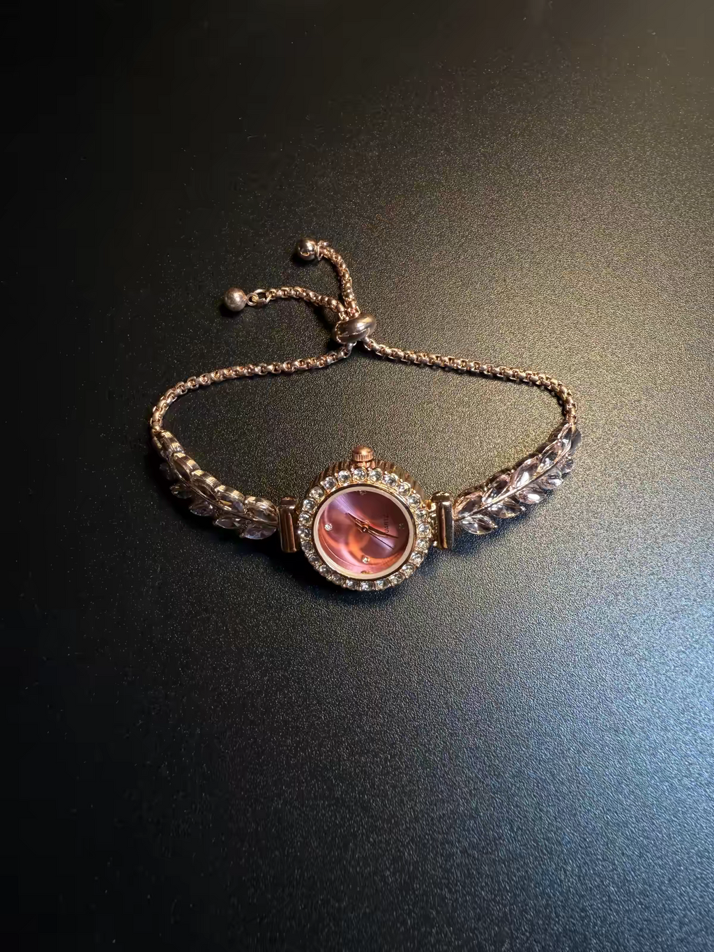 Vintage pink dial crystal leaf bracelet watch with round crystal bezel and adjustable chain