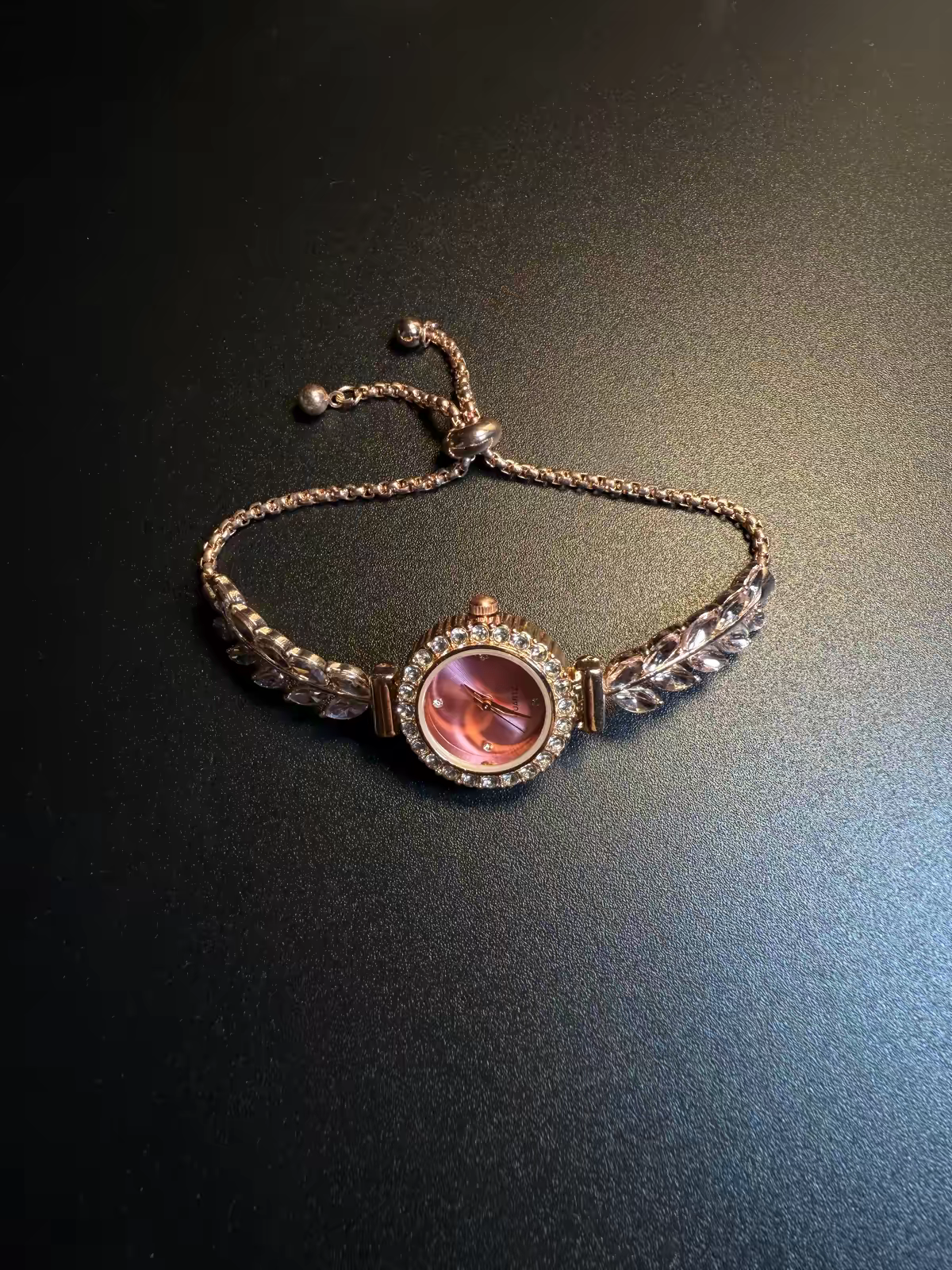 Vintage pink dial crystal leaf bracelet watch with round crystal bezel and adjustable chain
