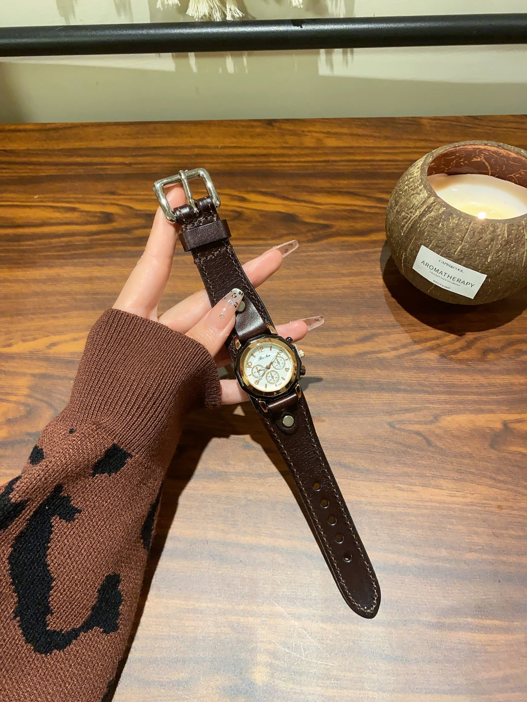 Vintage rivet leather-style women's watch with brown strap and cream multi-dial face