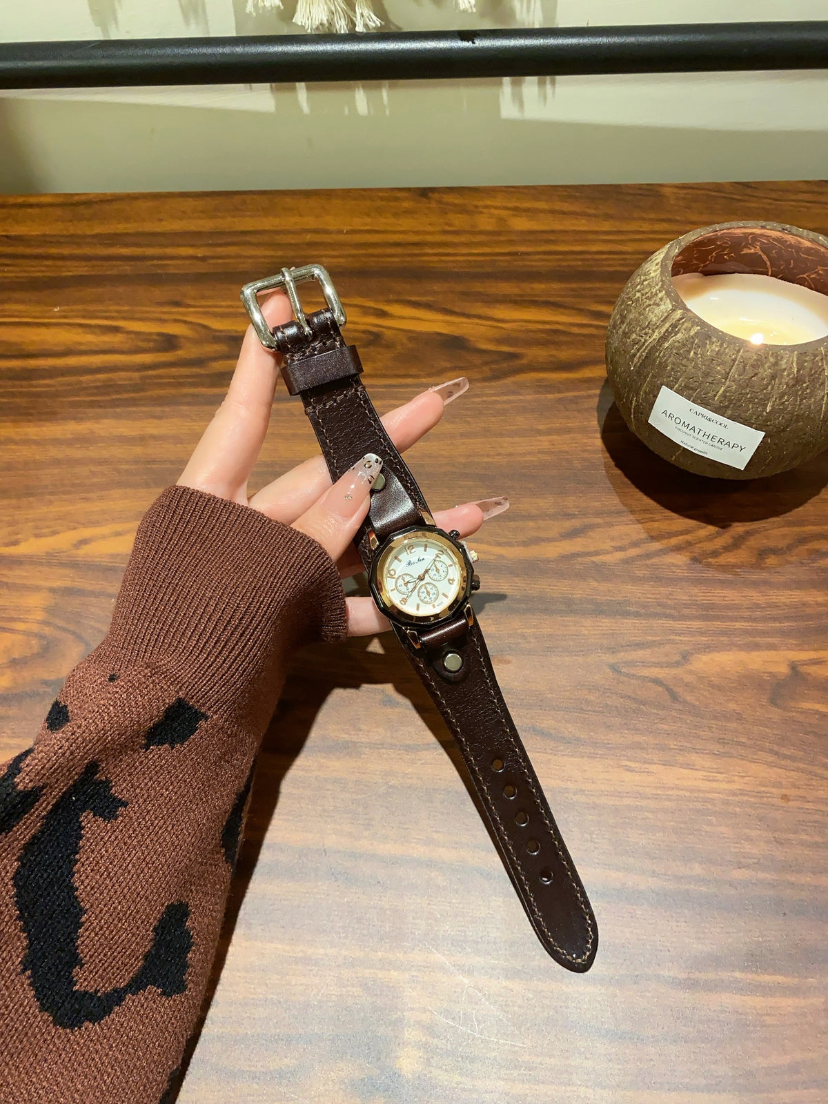 Vintage rivet leather-style women's watch with brown strap and cream multi-dial face