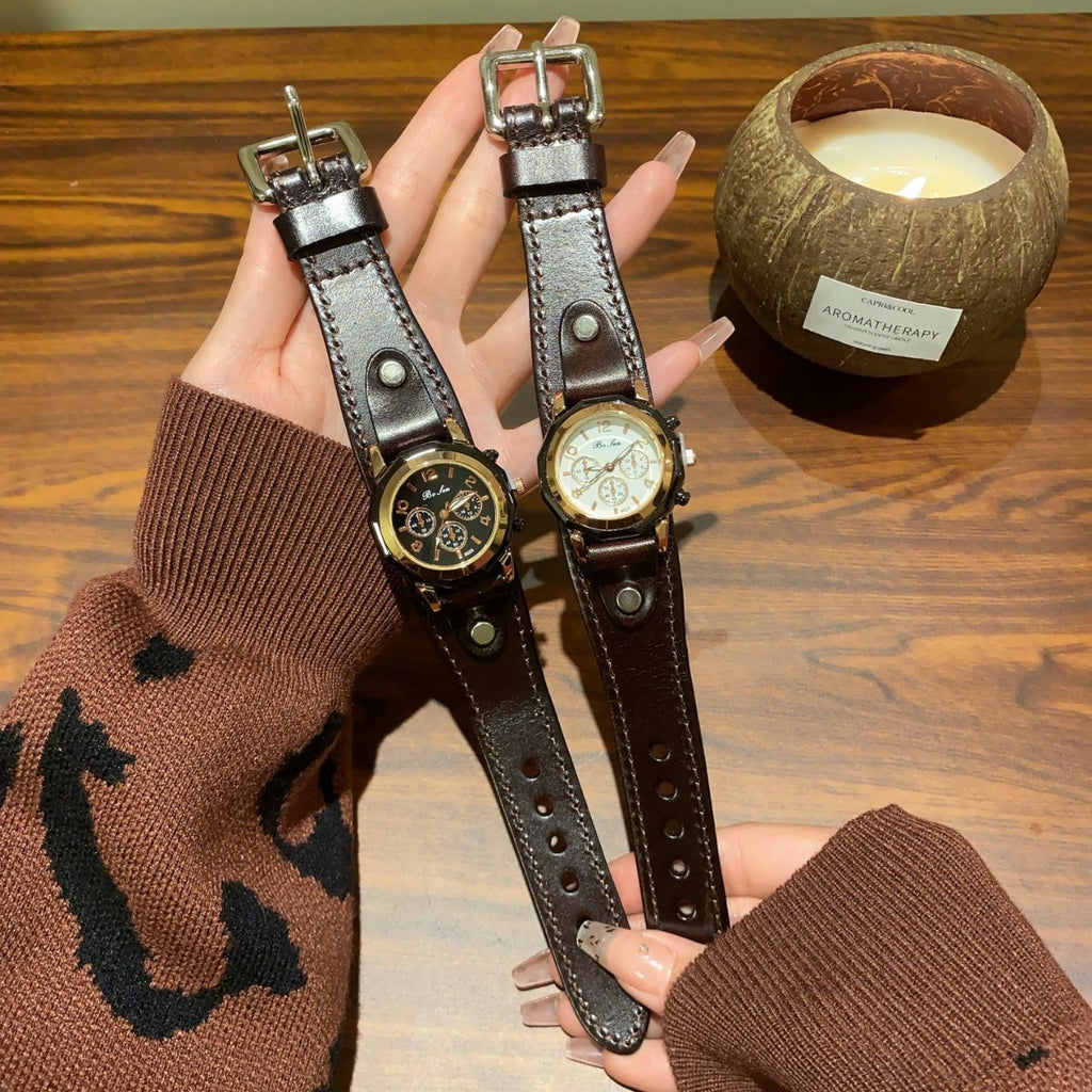 Vintage rivet leather-style women's multi-dial watch in brown with black and cream dials