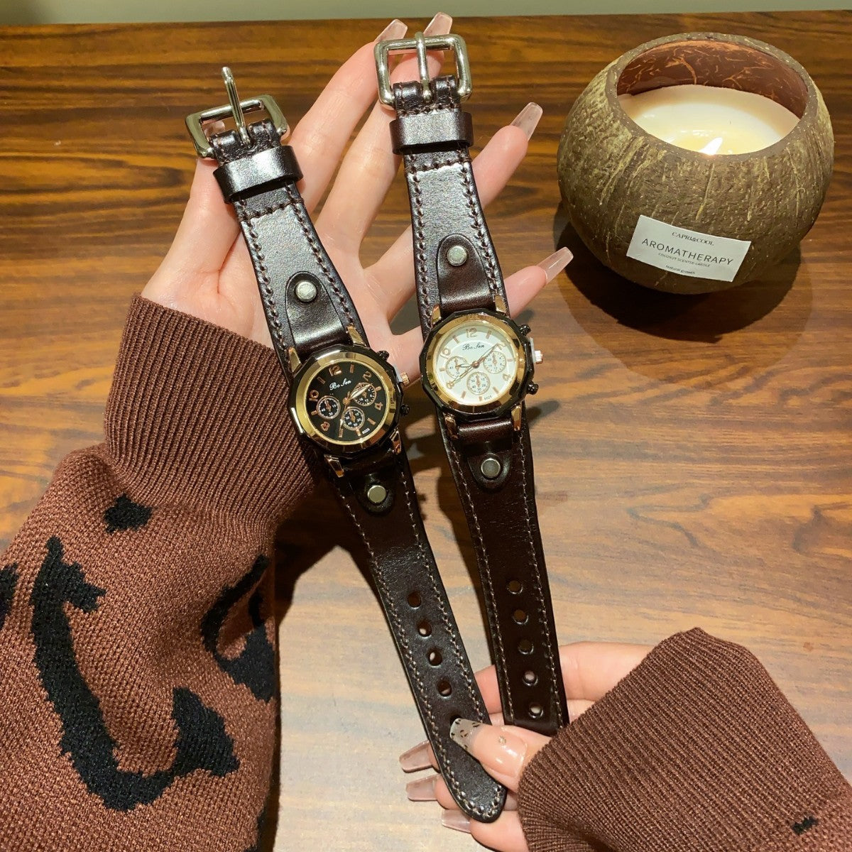 Vintage rivet leather-style women's multi-dial watch in brown with black and cream dials