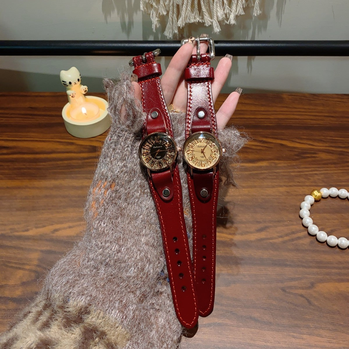Vintage rivet leather strap unisex watches in burgundy with champagne and black Arabic numeral dials