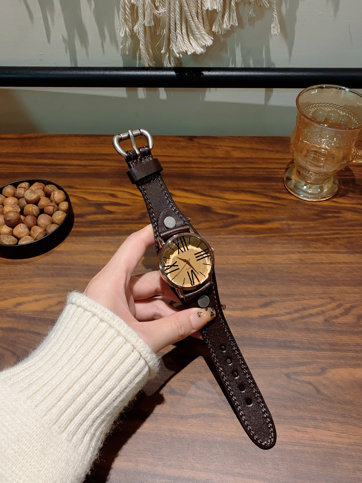 Vintage Roman numeral rivet women's watch with brown leather-style strap and cream dial alternate view