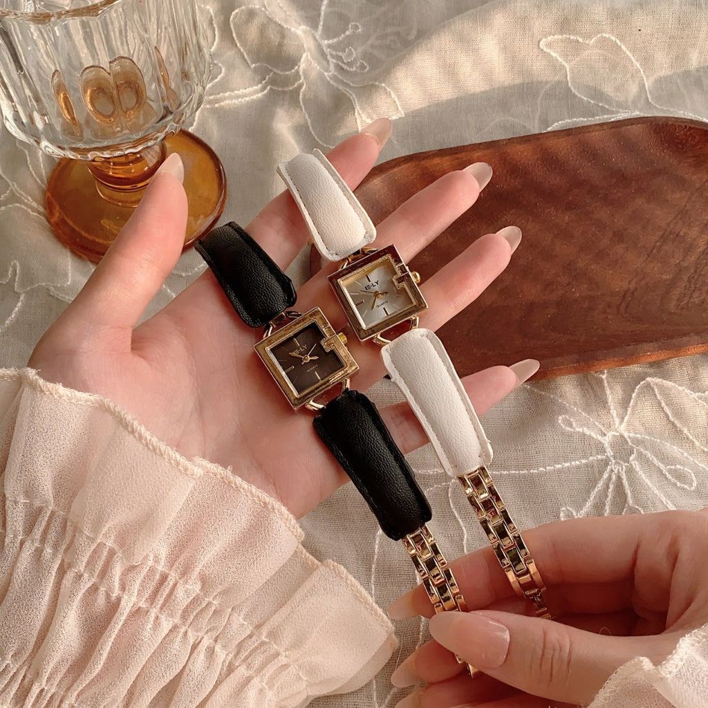 Vintage square women's watches in black and white leather strap colorways