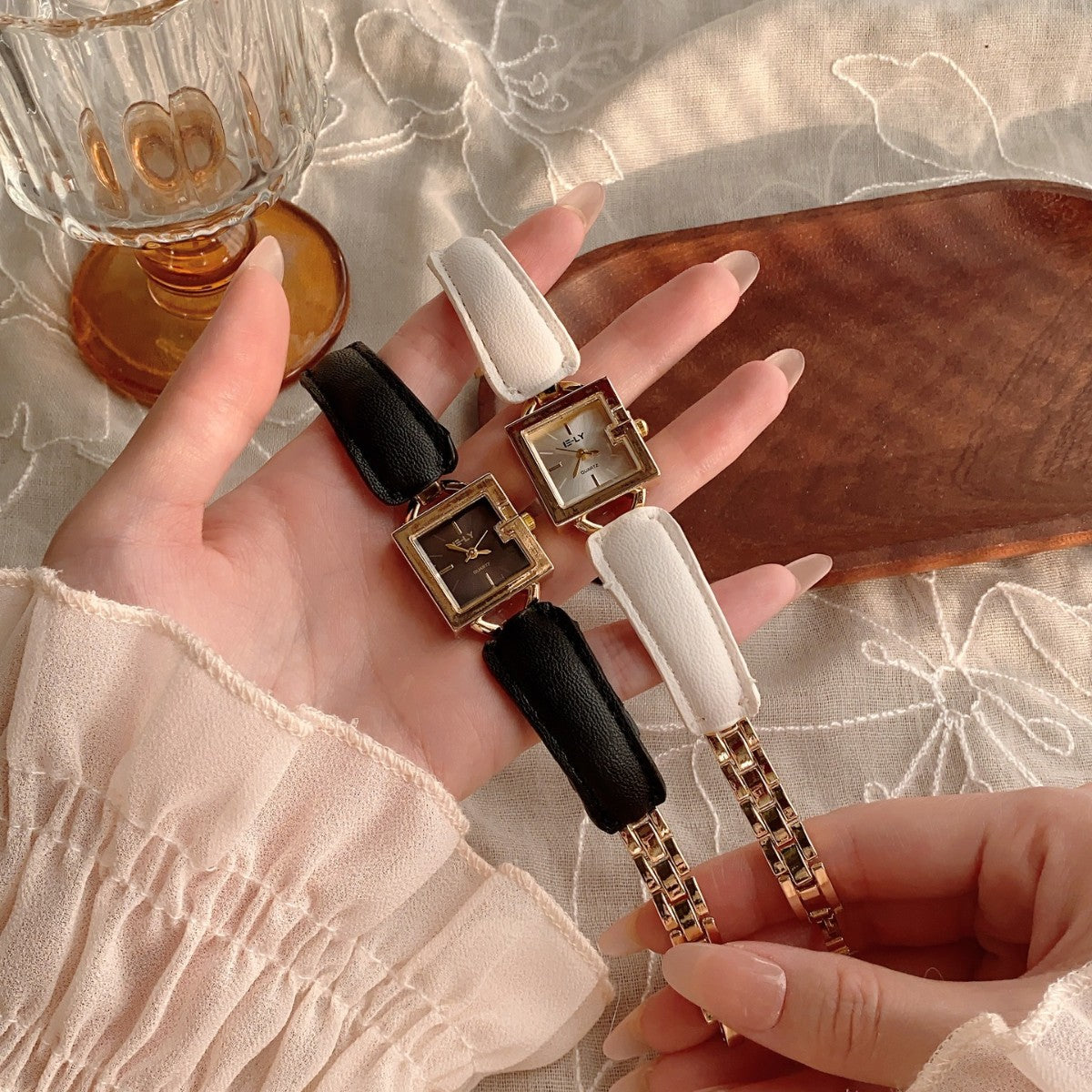 Vintage square women's watches in black and white leather strap colorways