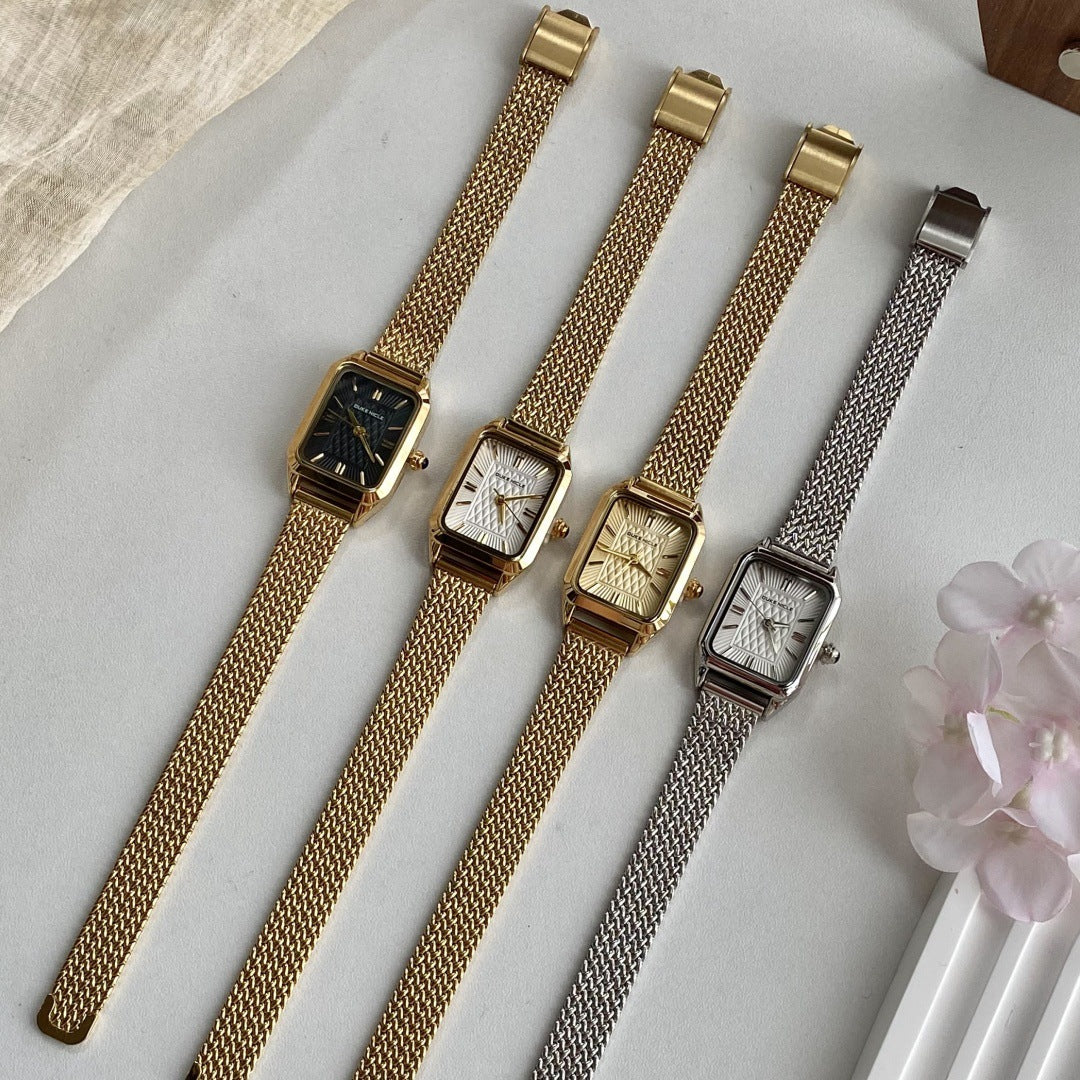 Women's woven steel square watch collection in gold and silver finishes