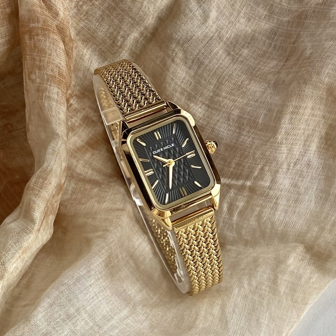 Women's vintage square quartz watch with gold-tone woven steel bracelet and black dial