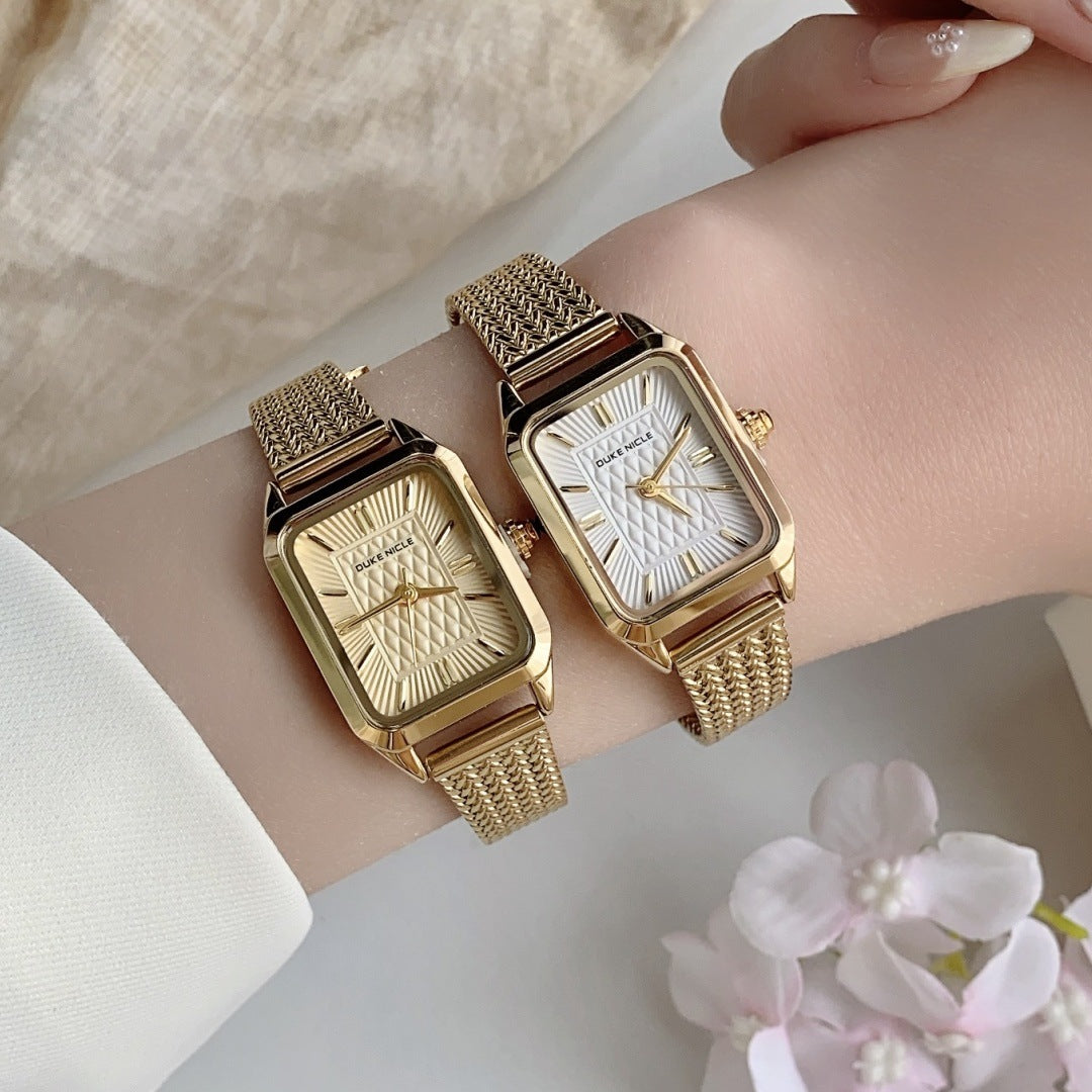 Gold-tone woven steel square watches with champagne and white dials