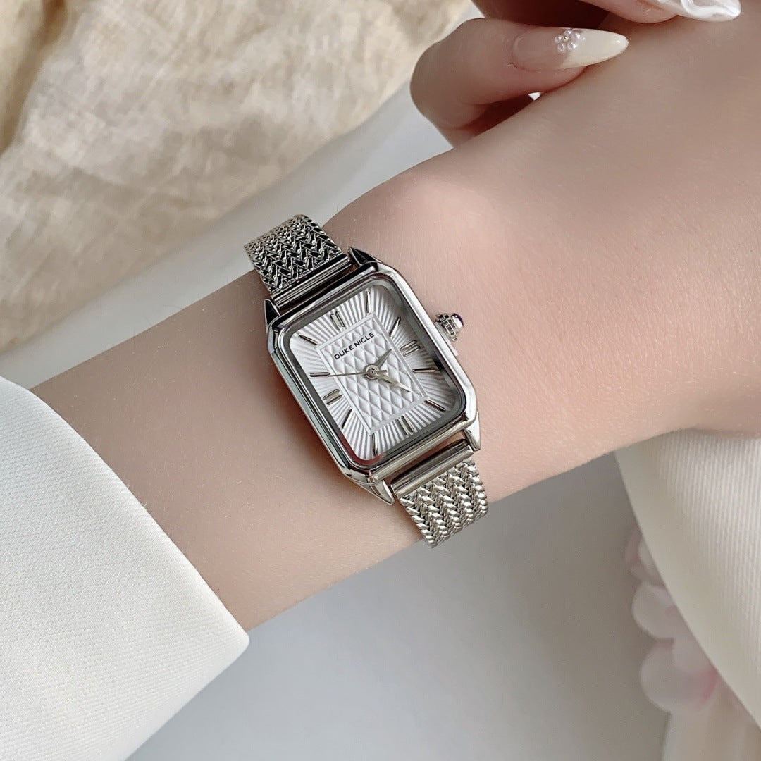 Women's vintage square quartz watch with silver-tone woven steel bracelet and white dial
