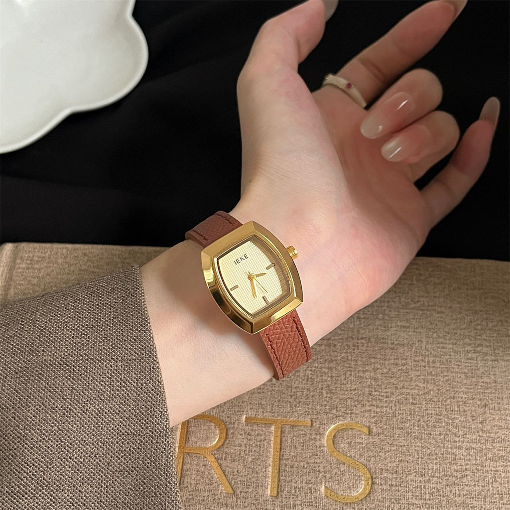 IEKE Refined Tonneau Dial Watch with Genuine Leather Strap - Vintage Quartz Watch for Women