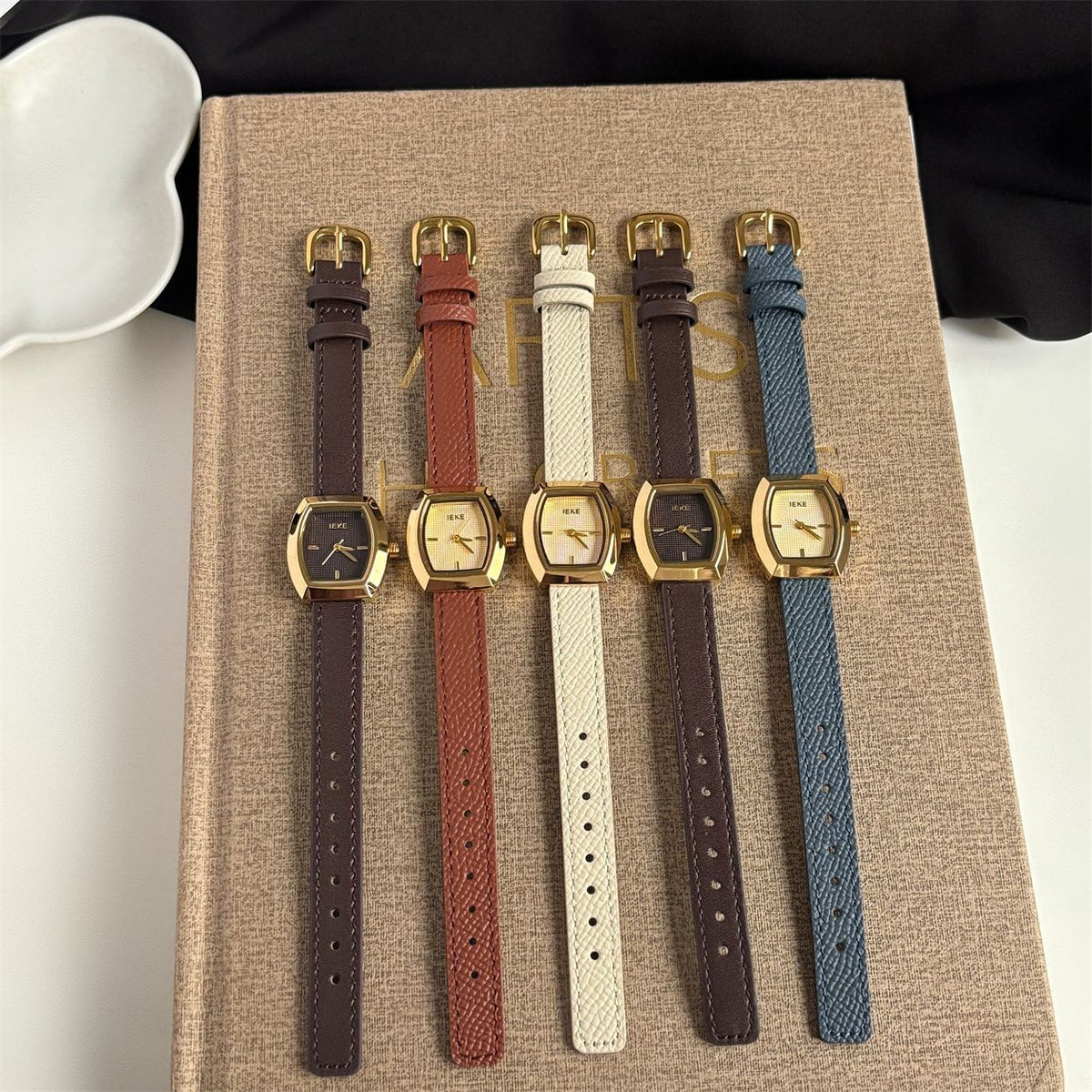 IEKE Refined Tonneau Dial Watch with Genuine Leather Strap - Vintage Quartz Watch for Women