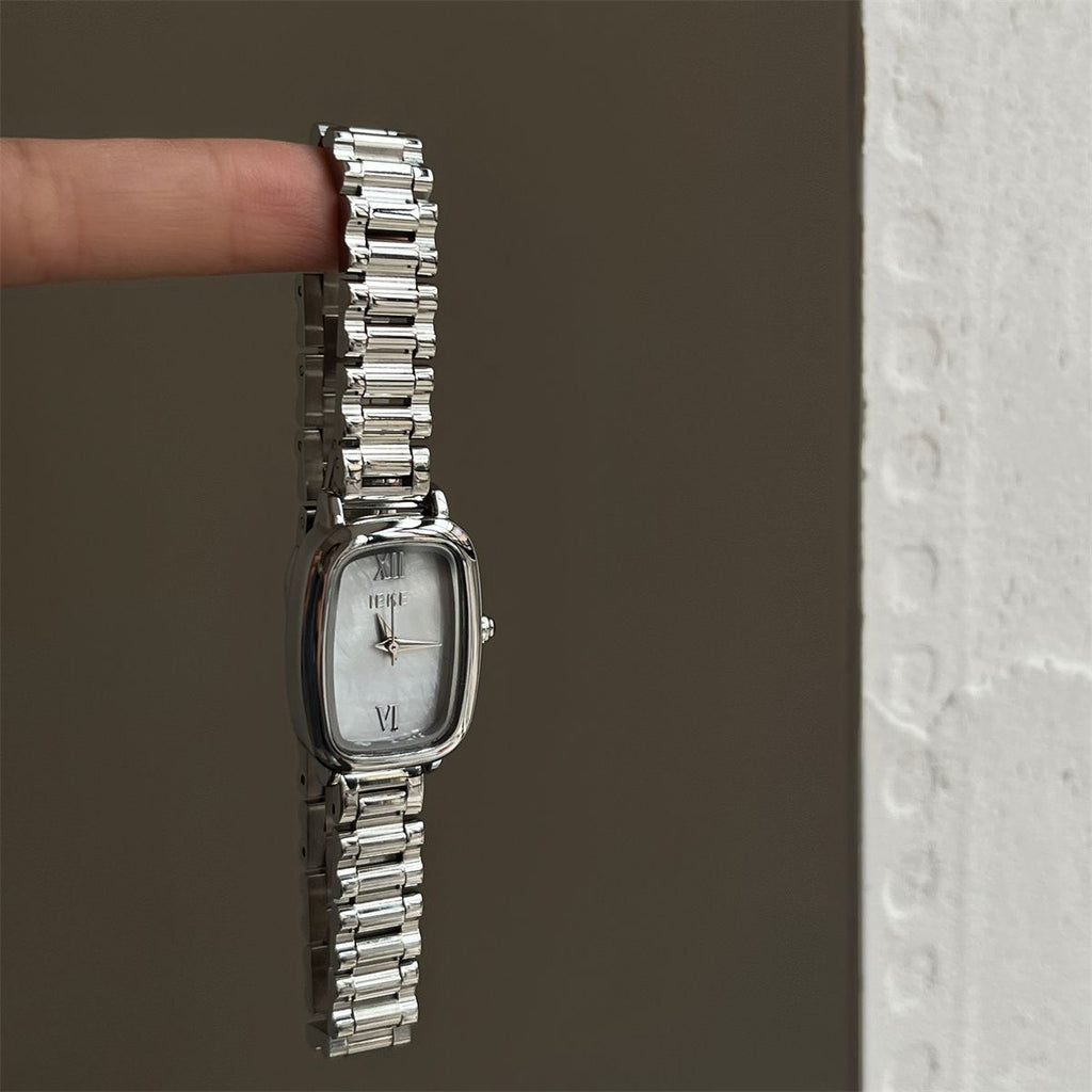 Cushion Mother of Pearl Dial Steel Bracelet Watch - Vintage Chic Quartz Watch for Women