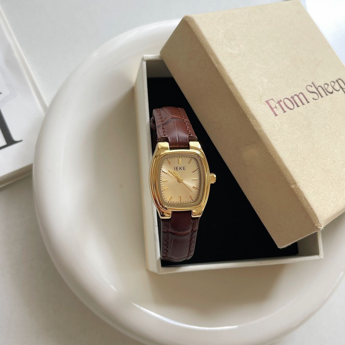 French Vintage Petite Square Gold Watch with Genuine Leather Strap - Classic Tank Watch for Women