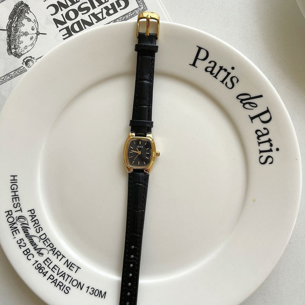 French Vintage Petite Square Gold Watch with Genuine Leather Strap - Classic Tank Watch for Women