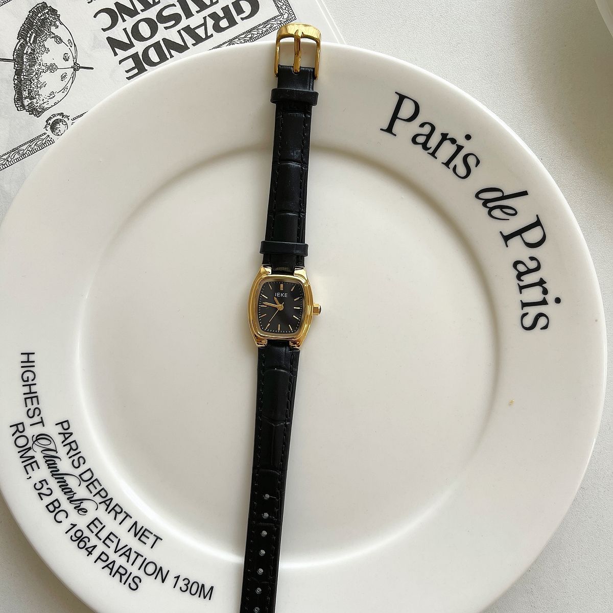 French Vintage Petite Square Gold Watch with Genuine Leather Strap - Classic Tank Watch for Women