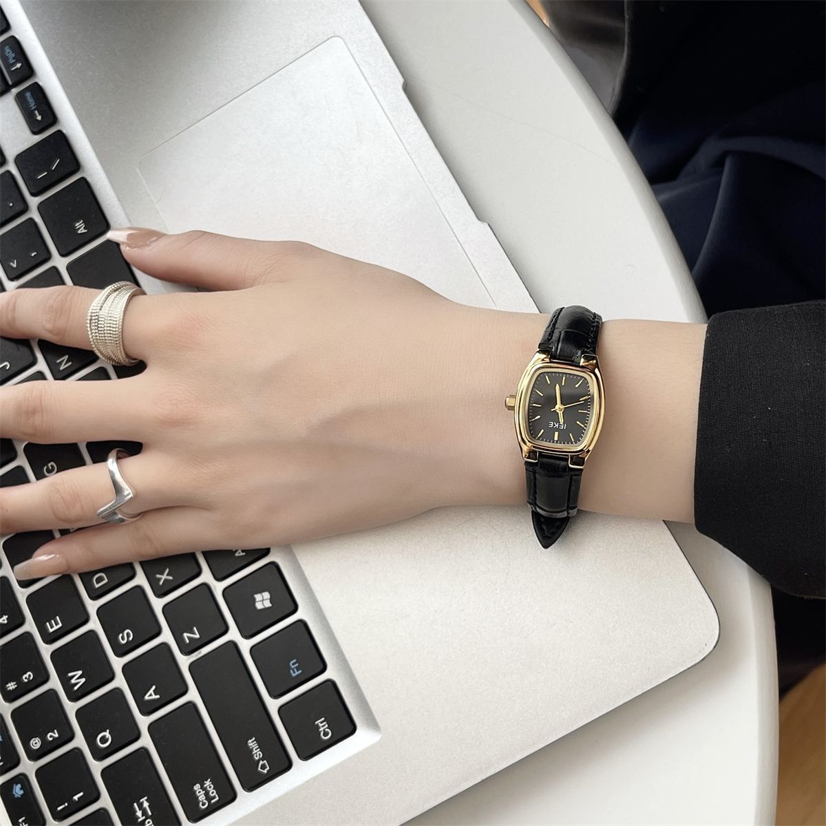 French Vintage Petite Square Gold Watch with Genuine Leather Strap - Classic Tank Watch for Women