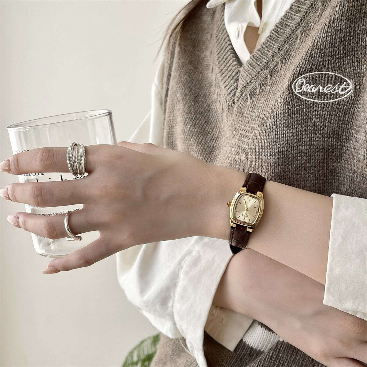 French Vintage Petite Square Gold Watch with Genuine Leather Strap - Classic Tank Watch for Women