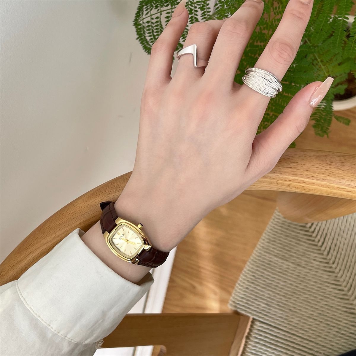 French Vintage Petite Square Gold Watch with Genuine Leather Strap - Classic Tank Watch for Women