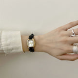 French Vintage Petite Square Gold Watch with Genuine Leather Strap - Classic Tank Watch for Women