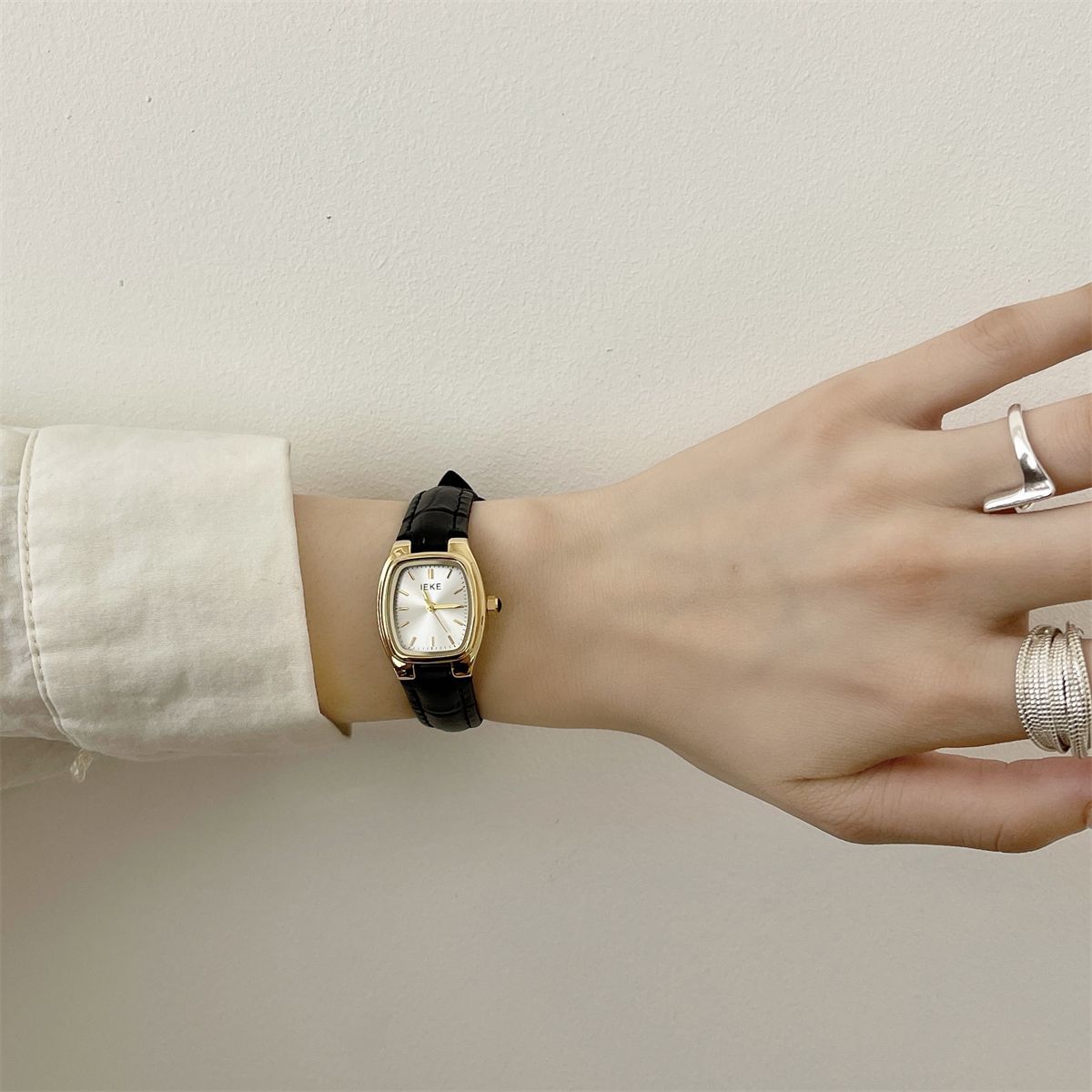 French Vintage Petite Square Gold Watch with Genuine Leather Strap - Classic Tank Watch for Women