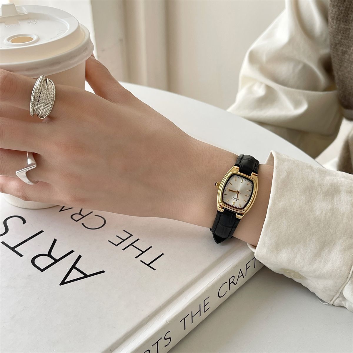 French Vintage Petite Square Gold Watch with Genuine Leather Strap - Classic Tank Watch for Women