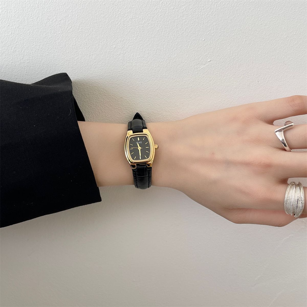 French Vintage Petite Square Gold Watch with Genuine Leather Strap - Classic Tank Watch for Women