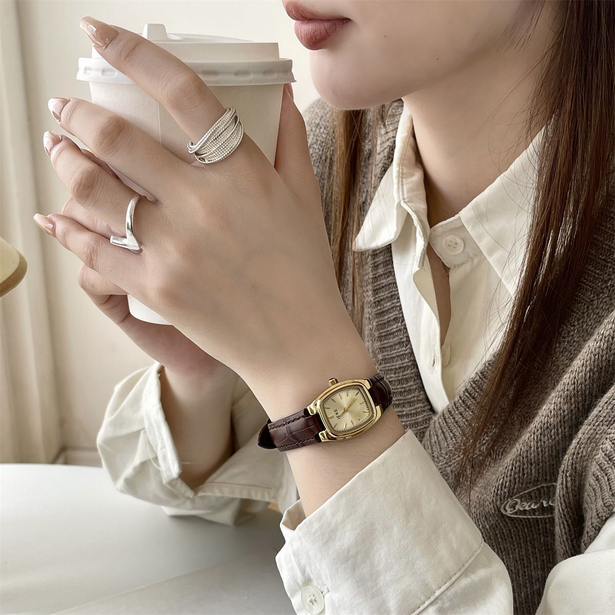 French Vintage Petite Square Gold Watch with Genuine Leather Strap - Classic Tank Watch for Women