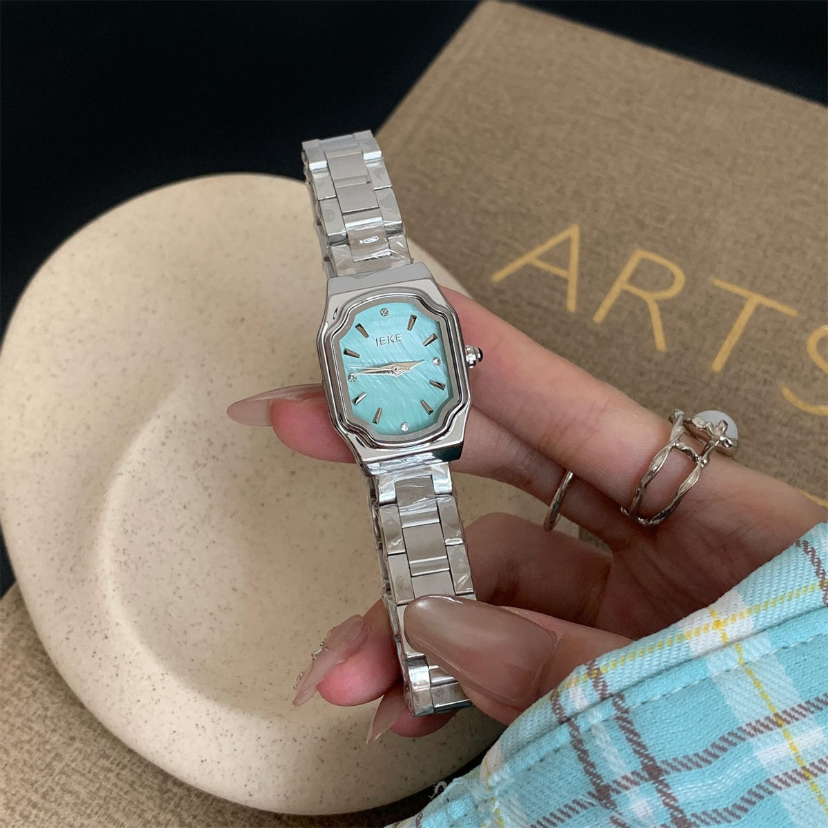 IEKE Sculptural Vase Silhouette Mother of Pearl Watch - Crystal Bezel Steel Bracelet Quartz Watch for Women
