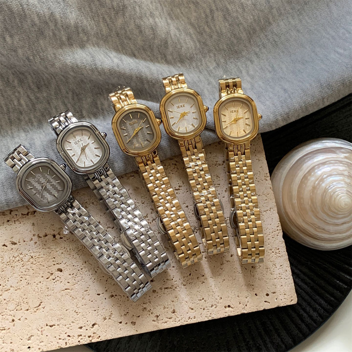 IEKE Water Ripple Guilloché Cushion Watch with Steel Bracelet - Vintage Textured Quartz Watch for Women
