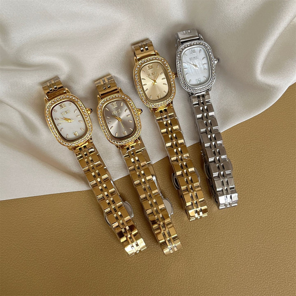 IEKE Classic Oval Crystal Bezel Gold Steel Bracelet Watch - Petite Jewelry Quartz Watch for Women